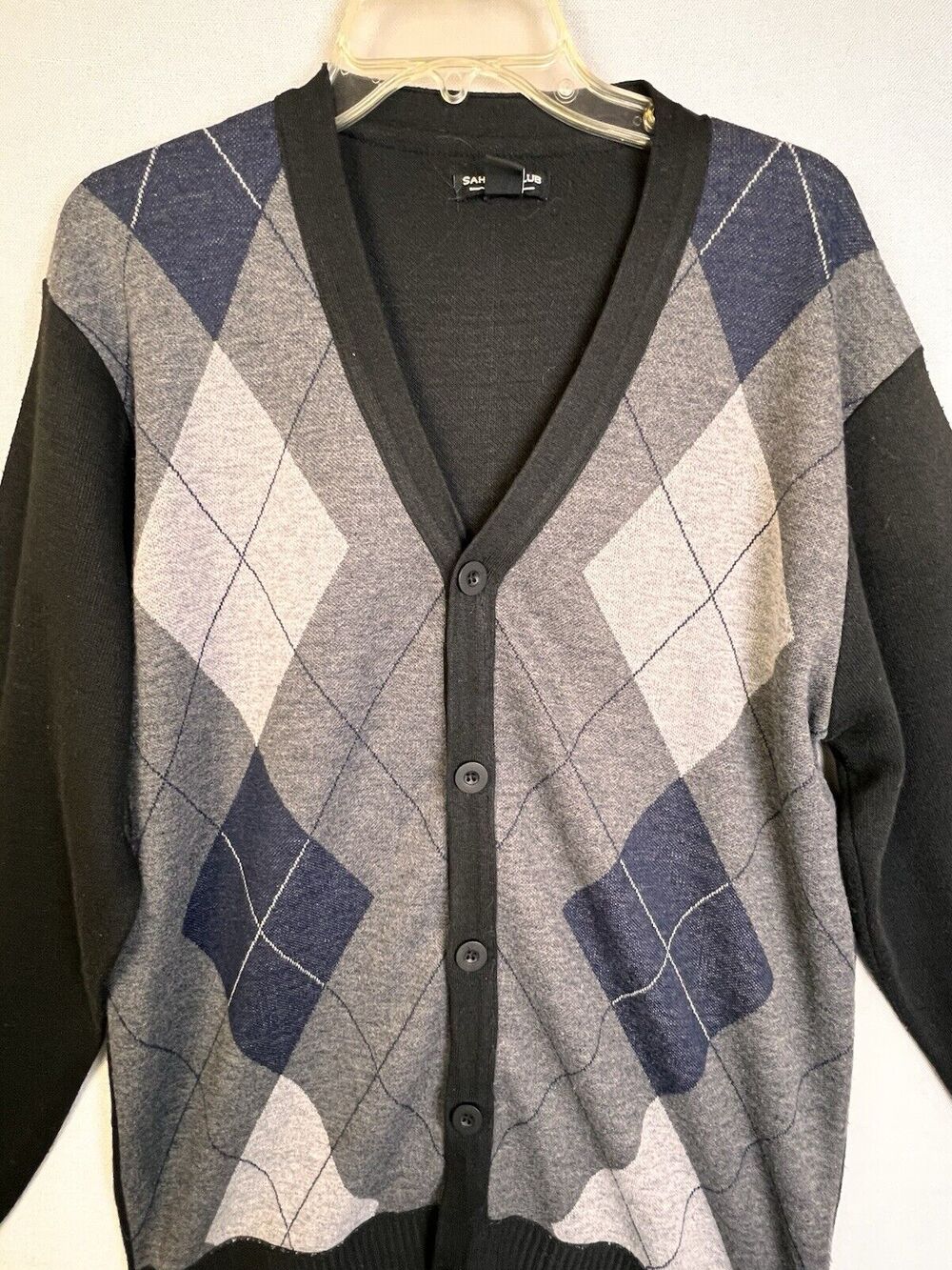 Sahara Club Cardigan Sweater Men's Large Argyle Black Gray Preppy Work Casual